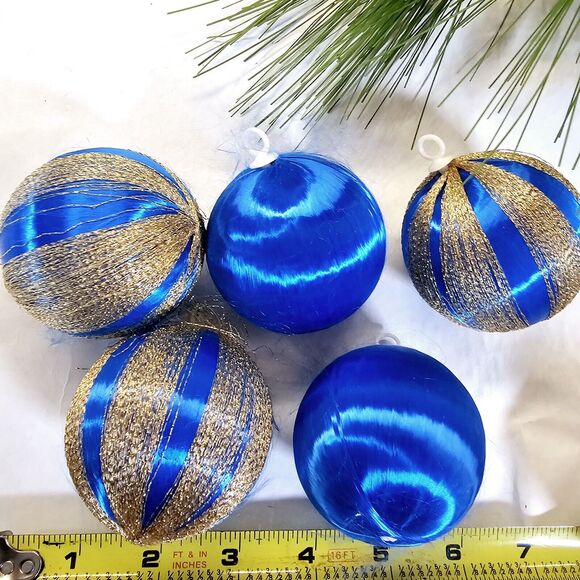 Vintage Pyramid Satin Rayon Christmas Ornaments set 5 Unbreakable Blue & Gold - Picture 11 of 11